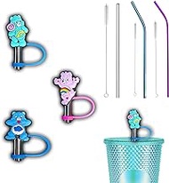 Care Bear Drink Straw Pencil Tip Toppers With Free Reusable Cute Straws &amp; Brush, Multicolor Silicone Cover Plug Cap Lid Made For Starbucks Stanley Tumbler Cup Gift Dust Spill Proof Protector Charm 8mm