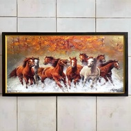 Wall decoration plus painting frame printed with 9 running horses, size 100x50cm