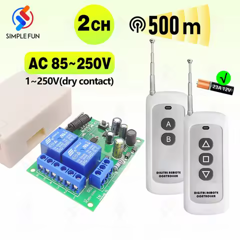 433MHz 2 CH Universal Wireless Remote Control Switch AC 110V 220V Relay Module and 500m Transmitter 