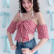 FLAT2112 : GABRIELA BOW CROPPED TOP เสื้อสายเดี่ยวสุดปัง เสื้อสายเดี่ยวสดใส เเมตซ์ลุคง่าย  (FF0892)