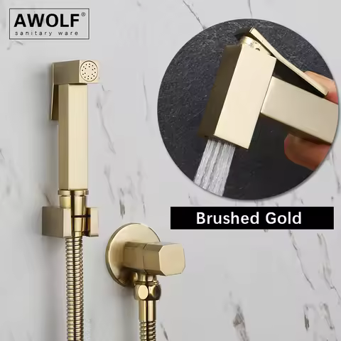 Awolf Brushed Gold Toilet Hygienic Shower Head Solid Brass Bidet Sprayer Set Square Handheld Shattaf