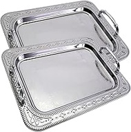 (Pack of 4) 13.8 inch x 9.9 inch Oblong Chrome Plated Mirror Silver Serving Tray Stylish Design Flor