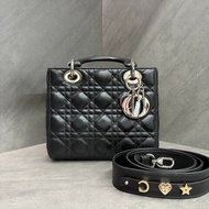 Dior Lady Dior  戴妃 四格 黑銀羊皮 手提包肩背包