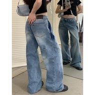 [fashion brand] Korean design pleated jeans women 2024 spring new tie-dyed wide-leg jeans women