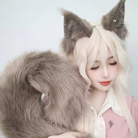 Squirrel Ears Headband with Plush Furry Tail Cute Animal Cosplay Accessory for Halloween Night Club 