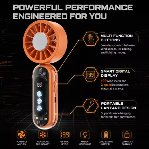 Portable Summer Hand Cooling Fan 3000mAh Large Capacity Battery 199 Speeds Strong Wind 3 Modes Ice C