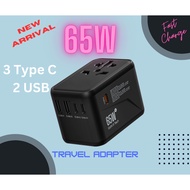 Universal Travel Adapter GaN III 65W International Charger with 2 USB Ports &amp; 3 USB-C PD Fast Charging Adaptor