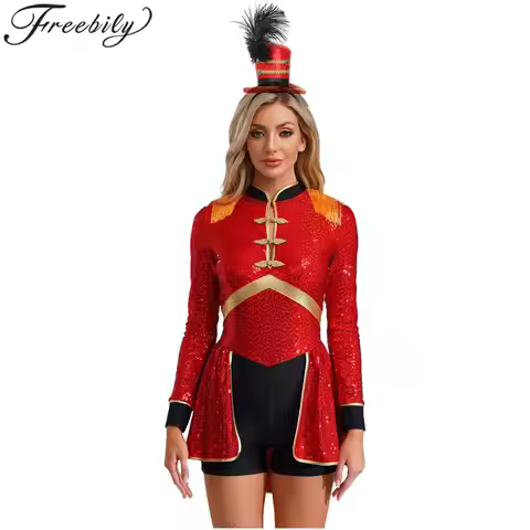 Circus Ringmaster Dress-up Clothes for Women Sequins Bodysuit Role Play Showman Majorette Costume fo