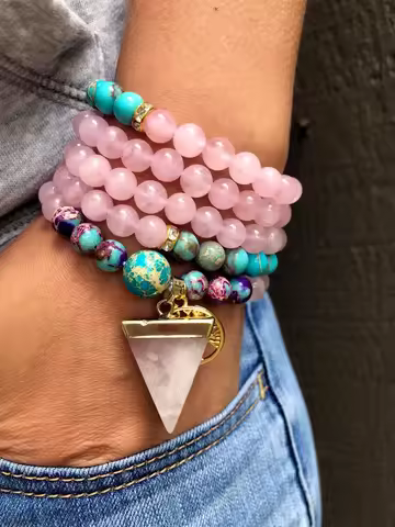 LOVE and COMPASSION 108 Mala Bracelet, Rose Quartz and Emperor Jasper Mala, Birthday Gifts, Yoga Gif
