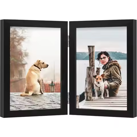 5x7 Double Picture Frame Wooden Hinged Photo Frame Definition Glass Stand Vertically on Desktop or T