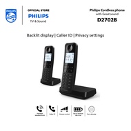 Philips Cordless Dect phone D2702B/90 Twin Set | 4.6 cm backlit display | Low Radiation | Hands-free calls | Dot Matrix