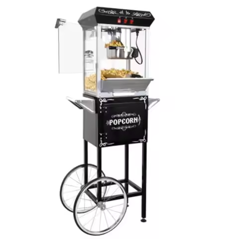 Movie Theater Style Popcorn Machine with Black Stainless Steel Kettle on Wheels - 8oz Ccity Makes up