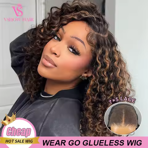 VSHOW 7x5 Lace Closure Balayage Highlight Ombre Brown Water Wave Wear Go Glueless 2/30 Color Wigs Fo