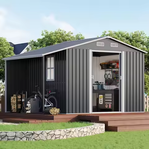 10.6x6.8x6.3 FT Outdoor Storage Shed with Sliding Doors, Two 4-Pane Windows, Open-Air Design Outdoor