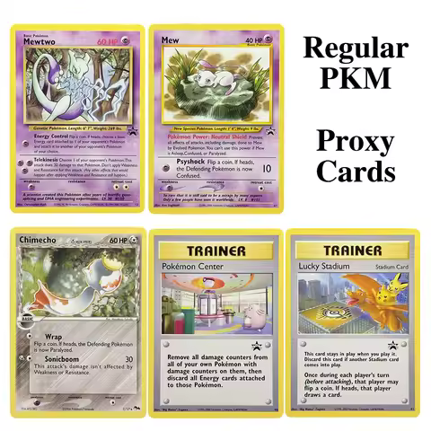 PKM Proxy Cards Promos Regular Mewtwo Mew Trainer Lucky Stadium Chimecho P4 PKM Center Trading Card 