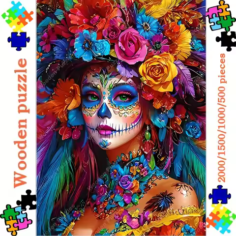 2000/1500/1000/500pcs Wooden Jigsaw Puzzle for Adults - Vibrant Floral Sugar Skull Art, Mexican-Insp