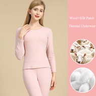 Womens Thermal Underwear Winter 2-Piece Set Wool and Silk Patches Thick Double Layer Warm Clothes Lo