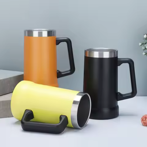 Double Wall Vacuum Insulated Stainless Steel Beer Mug Reusable Cold Water Cup With Ergonomic Handle