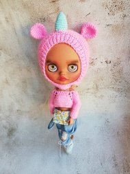 Blythe 娃娃頭盔粉色獨角獸加針織上衣套裝