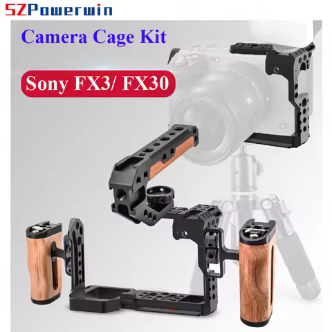 Powerwin For Sony FX3 FX30 Camera Cage with Wooden Handle Kit Aluminum Alloy Arri Locating Screw Pro
