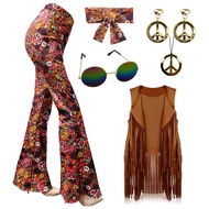 60s 70s Hippie Costume Disco Outfits Fringe Vest Boho Bell Bottoms Peace Accessories Set Halloween for Women