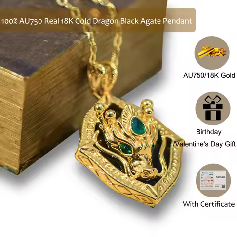 100% Real Gold 18k Natural Agate Necklace For Women Dragon Head Pendant Au750 Pure Original Gold Jew
