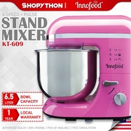 INNOFOOD Stand Mixer KT-609 - Pink (6.5L/1300W) Whisk Flat Beater Dough Hook Splash Guard Stainless Steel Bowl Pengadun