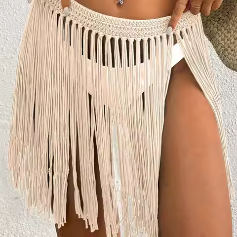 Ladies' Strap Up Skirt Beach Bikini Hoodie Pure Hand Hook Tassel Skirt Half Body Skirt Summer Beachw