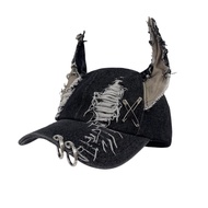 Dark Punk Style Denim Baseball Hat Adjustable Distressed Design Denim Cap with Metal Rings 3D Bunny