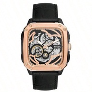 Inscription Men's Automatic Skeleton Watch With Rose Gold Dial & Black Leather Strap BQ2572