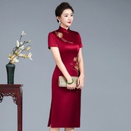 丈母娘婚禮服高貴喜婆婆婚宴裝新款高端旗袍醋酸結婚媽媽禮服短袖