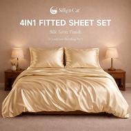 SilkenCat Silk Satin Bedsheet Set 3pcs 4pcs Soft Silky Cooling Skin-Friendly Fitted Sheet Duvet Cove