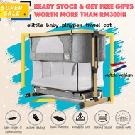 [LOCAL READY STOCK] 6TH GEN DUTCH DESIGN ELITTILE PORTABLE BABY PLAYPEN TRAVEL COT CO-SLEEPING BEDSIDE CRIB WITH ADJUSTABLE HEIGHT CRADLE BABY COT WITH FREE MOSQUITO NETT &amp; FOAM MATTRESS &amp; TRAVEL BAG