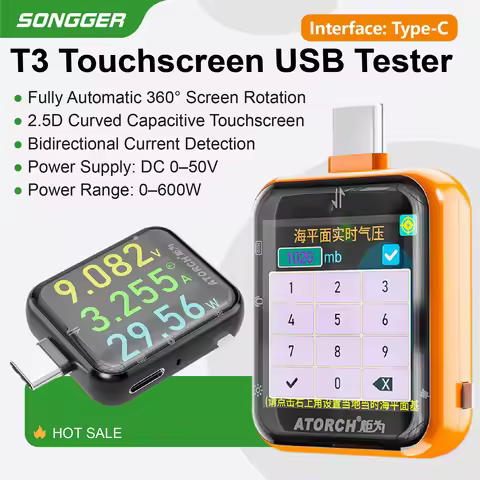 T3 Touch Screen USB Tester DC 0-50V 600W Bidirectional Current Detection Type-C Power Meter 2.5D Cap