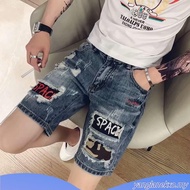 Ready Stock Summer Retro Ripped Denim Shorts Men's Loose Straight Knee-Length Pants Celana pendek le
