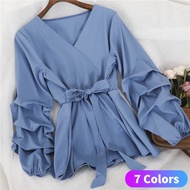 Women Blouse Plus Size blouse women shirt OL Style Lantern Sleeve Top blause wanita Tie Waist baju wanita lengan panjang baju blouse wanita Chiffon blouse