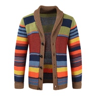 Men Fall Winter Sweater Coat Knitted Color Matching Striped Single-breasted Cardigan Loose Elastic L