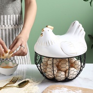 ✴Large Stainless Steel Mesh Wire Egg Storage Basket with Ceramic Farm Chicken Top and Handles