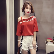 Women Off Shoulder Letter Printed T-shirts Personality Design Top Causal Red Shirt for Women