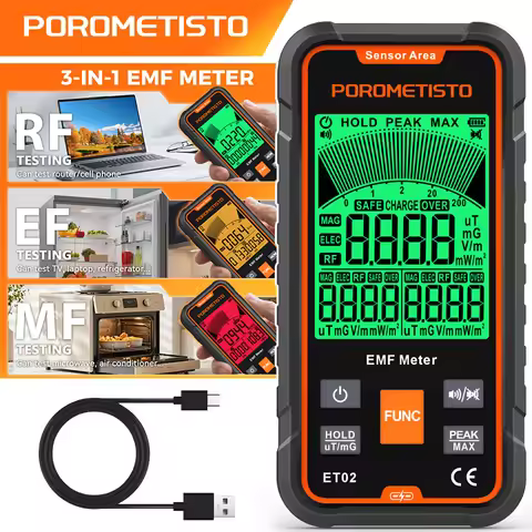 ET02 Multi-Field EMF Meter 3-Colors Backlight Electromagnetic Field Radiation Detector Handheld Radi
