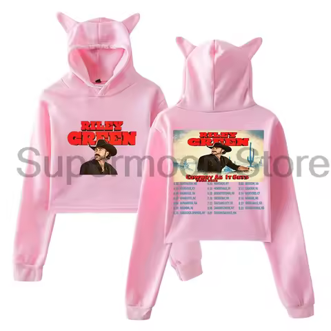 Riley Green Cowboy As It Gets Tour 2026 Hoodie Cat Ears Hooded Sweatshirt Long Sleeve Crop Top Women