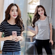Women Korean Causal Striped Short Sleeve T-shirt Round Collar Top