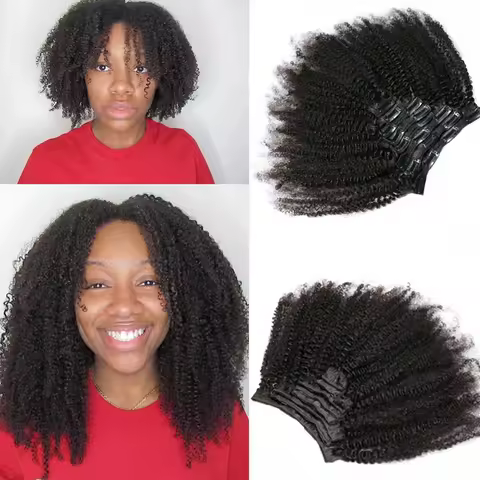 4C Afro Kinky Curly Human Hair Extensions Clips In Natural Black 120g/set Virgin Remy Clip In Extens