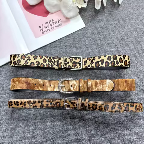 Horse fur leopard print belt, leopard print fashionable leather belt, horse fur original color decor