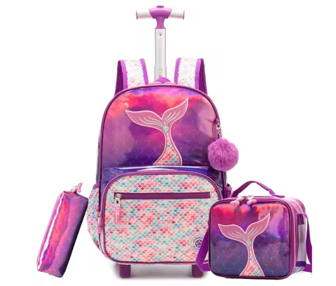 Travel Trolley Backpack Carry on Bag Rolling Backpack for Girls Mermaid Kids Rolling Backpack Girls 