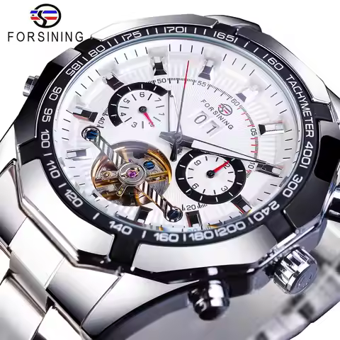 Forsining Fashion Machanical Watches Automatic Male Clock Stainless Steel 2 Dial Tourbillon Week Dat