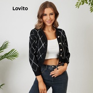 Lovito Preppy Argyle Button Checker Loose Cardigans