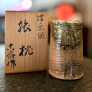 *00231GV 日本 信樂燒 作家手工柴窯 粗陶 筒型 壁掛花瓶