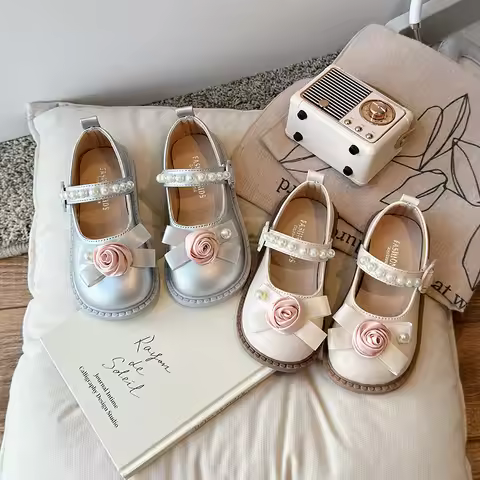 New Girls Leather Shoes Rose & Pearl Ornament Princess Single Shoes Fashion Performance Dress Shoes 