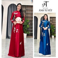Traditional ao dai, ruby silk mother's ao dai with high-quality chrysanthemums, size S - 4XL
